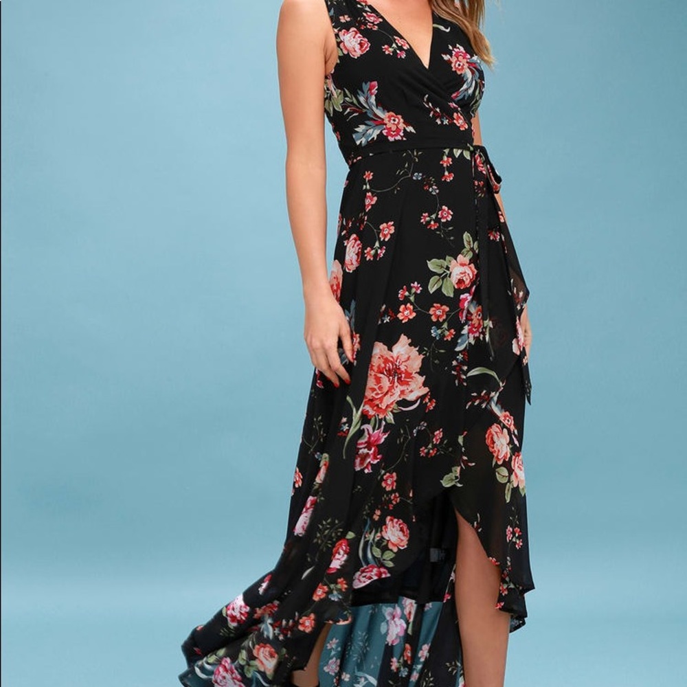 Lulus Black Floral Print Wrap Maxi Dress